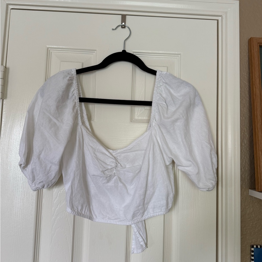 LOFT White Puff Sleeve Crop Blouse